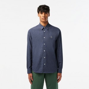 Men's Lacoste Slim Fit Cotton Chambray Shirt Navy Blue White | FKQ247053