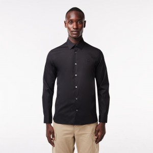 Men's Lacoste Slim Fit French Collar Cotton Poplin Shirt Black | WXK951364