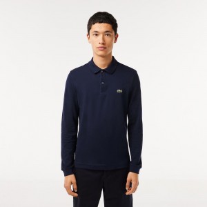 Men's Lacoste Slim Fit Long Sleeve Polo Shirts Navy Blue | NCR589236