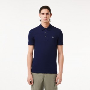 Men's Lacoste Slim Fit Stretch Cotton Piqué Grey Crocodile Polo Shirts Navy Blue | TBF954718