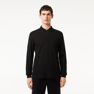 Men's Lacoste Smart Paris Long Sleeve Stretch Cotton Polo Shirts Black | MLG973568