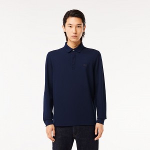 Men's Lacoste Smart Paris Long Sleeve Stretch Cotton Polo Shirts Navy Blue | ZIB907823