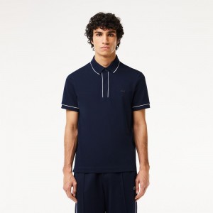 Men's Lacoste Smart Paris Stretch Cotton Contrast Trim Polo Shirts Navy Blue | SWY957483