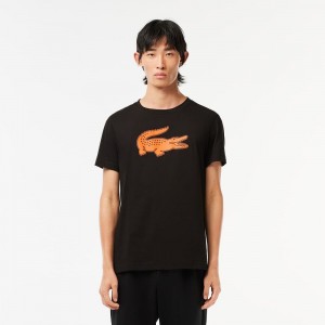 Men's Lacoste Sport 3D Print Croc Jersey T-Shirt Black Orange | OGZ260385