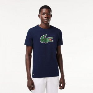 Men's Lacoste Sport Ultra-Dry Croc Print T-Shirt Navy Blue Green White | ZRI436257