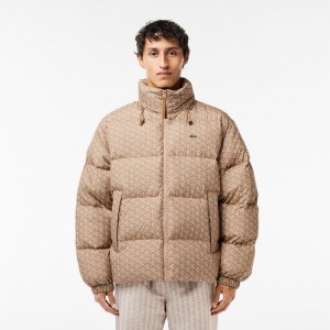 Men's Lacoste Stowable Hood Down Jackets Brown Beige White | GPY457869