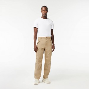 Men's Lacoste Straight Fit Cotton Cargo Pants Beige | HQF890614