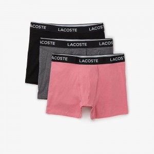 Men's Lacoste Stretch Cotton 3-Pack Boxer Briefs Pink Black Grey Chine | GAO718930