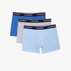 Men's Lacoste Stretch Cotton 3-Pack Boxer Briefs Blue Grey Chine | HUA634251