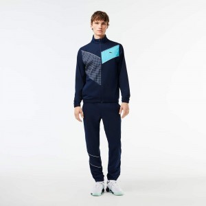 Men's Lacoste Stretch Fabric Tennis Tracksuits Navy Blue Blue White | ZHF127684