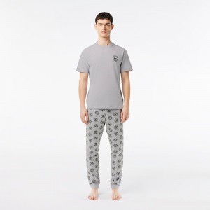 Men's Lacoste Stretch Jersey Set Pajamas Grey Chine White | MSC974026