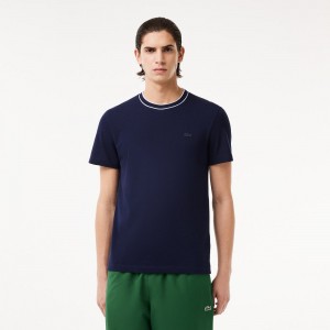 Men's Lacoste Stretch Piqué Stripe Collar T-Shirt Navy Blue | DWG315687