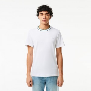 Men's Lacoste Stretch Piqué Stripe Collar T-Shirt White | ZLK769831