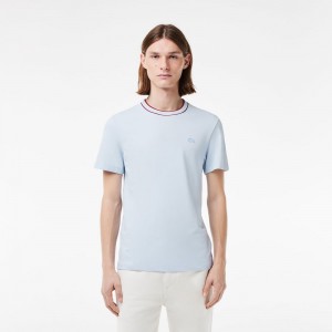 Men's Lacoste Stretch Piqué Stripe Collar T-Shirt Phoenix blue | FHA632901