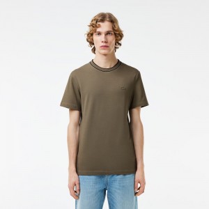 Men's Lacoste Stretch Piqué Stripe Collar T-Shirt Khaki Green | ZHE457910