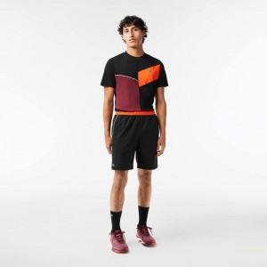 Men's Lacoste Stretch Tennis Shorts Black Orange | OPA268517