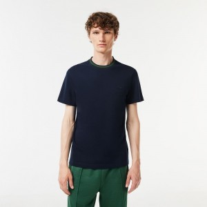 Men's Lacoste Stripe Collar Stretch Piqué T-Shirt Navy Blue | SKO283756