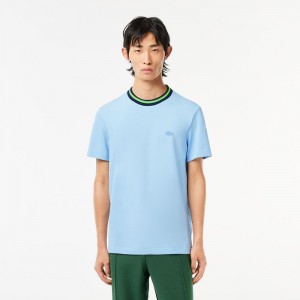 Men's Lacoste Stripe Collar Stretch Piqué T-Shirt Pastel blue | VFN718395