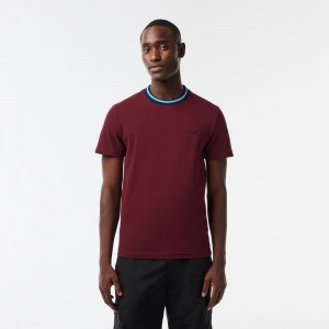 Men's Lacoste Stripe Collar Stretch Piqué T-Shirt Bordeaux | XIL764910