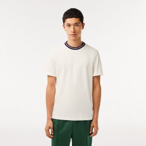 Men's Lacoste Stripe Collar Stretch Piqué T-Shirt White | CRI897524