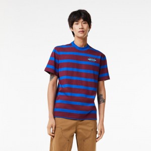 Men's Lacoste Striped 3D Print Cotton T-Shirt Bordeaux Blue | BJZ036758