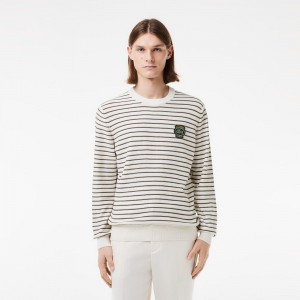 Men's Lacoste Striped Cotton Badge Crew Neck Sweater White Beige Black Green | IKR450371