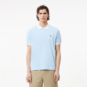 Men's Lacoste Striped Cotton Polo Shirts White Blue | CIV065839