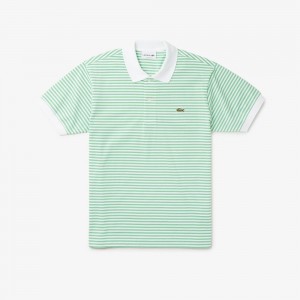 Men's Lacoste Striped Cotton Polo Shirts White Green | JSA308157