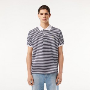 Men's Lacoste Striped Cotton Polo Shirts White Navy Blue | JBN268150