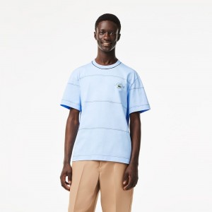 Men's Lacoste Striped Organic Cotton Jersey T-Shirt Pastel blue | RHP209654