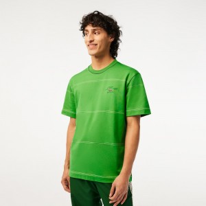 Men's Lacoste Striped Organic Cotton Jersey T-Shirt Tarragon Green | FPI208675