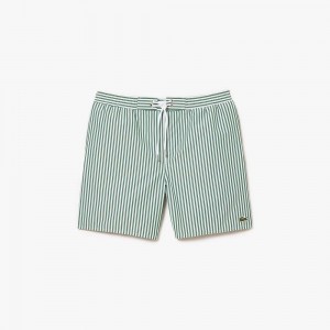 Men's Lacoste Striped Swim Trunks White Green | ZIV742601