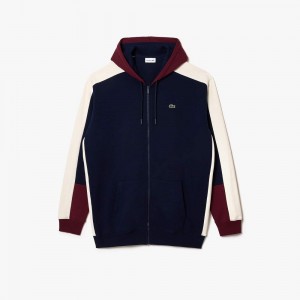 Men's Lacoste Tall Fit Zip-Up Hoodie Navy Blue Bordeaux White | ZHP689304