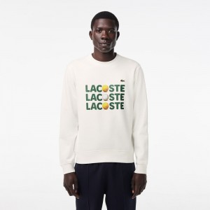 Men's Lacoste Tennis Ball Print Fleece Sweatshirt White | WVH341287