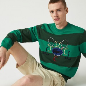 Men's Lacoste Tennis Design Crew Neck Striped Cotton Fleece Sweatshirt Green | GAI456387