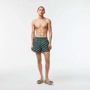 Men's Lacoste Two-Tone Monogram Swim Trunks Green White | KHA384019