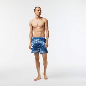 Men's Lacoste Two-Tone Print Swim Trunks White Blue | IZA372968