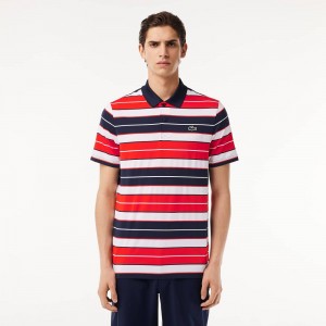 Men's Lacoste Ultra-Dry Anti-UV Striped Golf Polo Shirts Red White Navy Blue | VXY706498