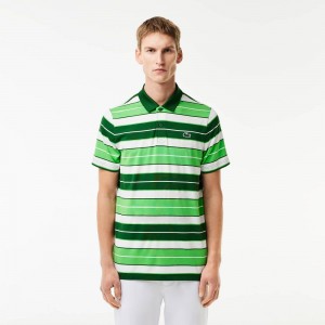 Men's Lacoste Ultra-Dry Anti-UV Striped Golf Polo Shirts Green White Green | HTS836517