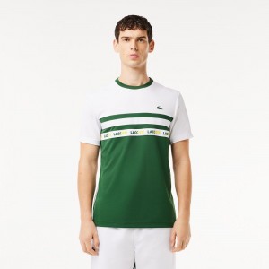 Men's Lacoste Ultra-Dry Logo Stripe Piqué Tennis T-Shirt Green White | QDB365821