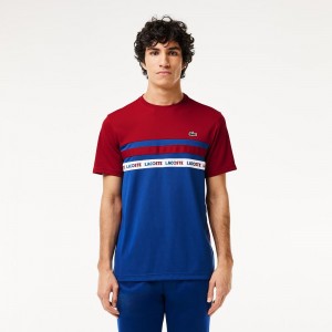 Men's Lacoste Ultra-Dry Logo Stripe Piqué Tennis T-Shirt Navy Blue Bordeaux | UAL816409