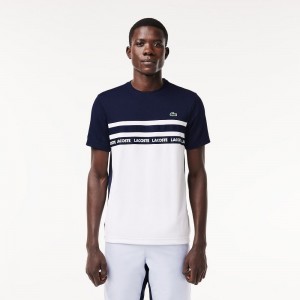 Men's Lacoste Ultra-Dry Logo Stripe Piqué Tennis T-Shirt White Navy Blue | ACP243157