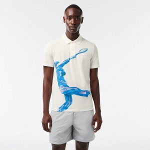 Men's Lacoste Ultralight Printed Lacoste Movement Polo Shirts White | DKU509127