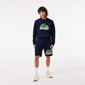 Men's Lacoste Unbrushed Cotton Fleece Shorts Navy Blue | XSZ904281