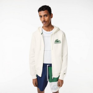 Men's Lacoste Unbrushed Fleece Zip-Up Hoodie White | HLA582307