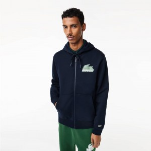 Men's Lacoste Unbrushed Fleece Zip-Up Hoodie Navy Blue | ZML243195