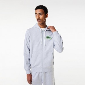 Men's Lacoste Unbrushed Fleece Zip-Up Hoodie Grey Chine | NSL287461