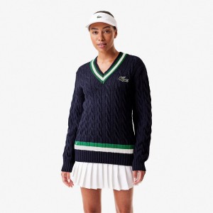 Men's Lacoste V-Neck Cable Knit Striped Sweater Navy Blue Green White | DLG539861