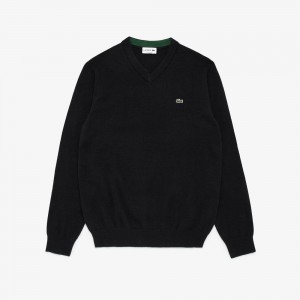 Men's Lacoste V-Neck Cotton Sweater Black | WIT023985