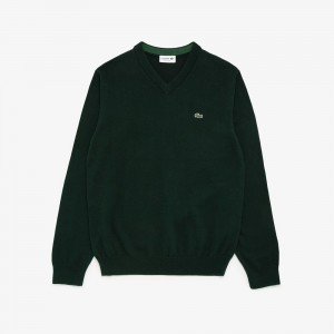 Men's Lacoste V-Neck Cotton Sweater Forest green | SDM052943